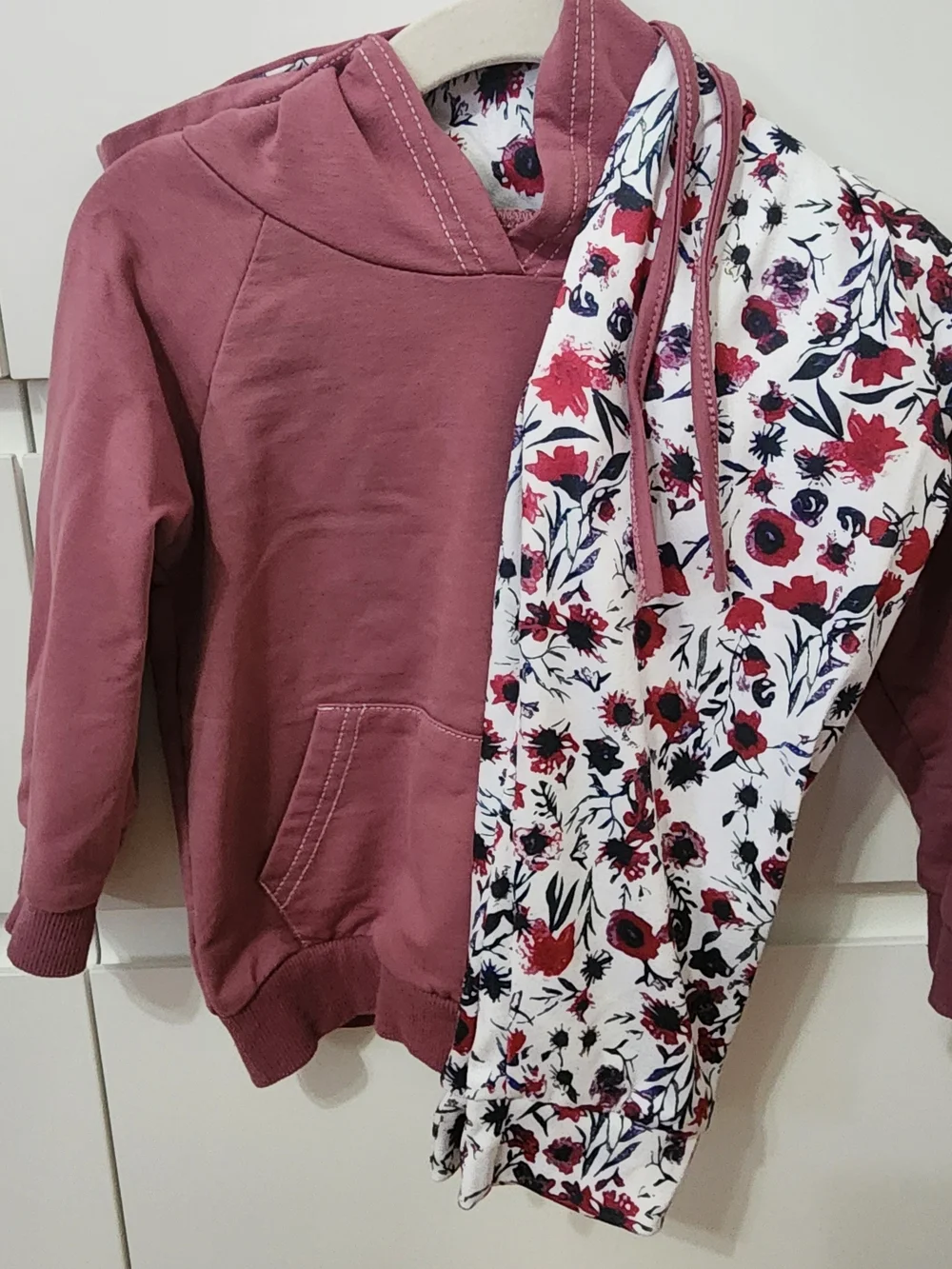 Baby Floral Print Hoodie Set in Dusty Rose With Bow.